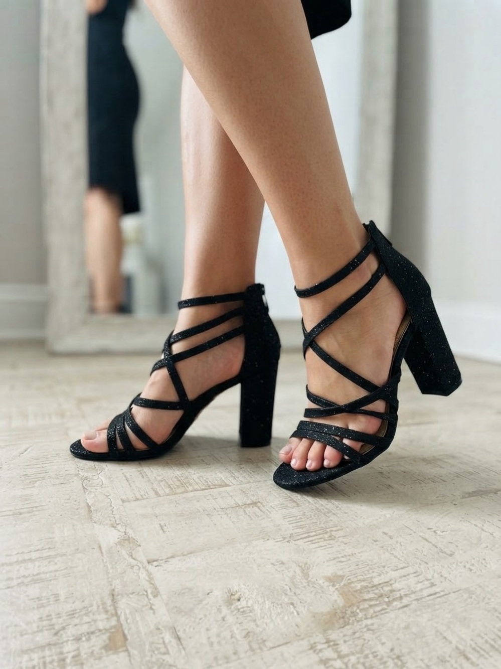 Jessica Simpson Black Glitter Strappy Block Heel Sandals